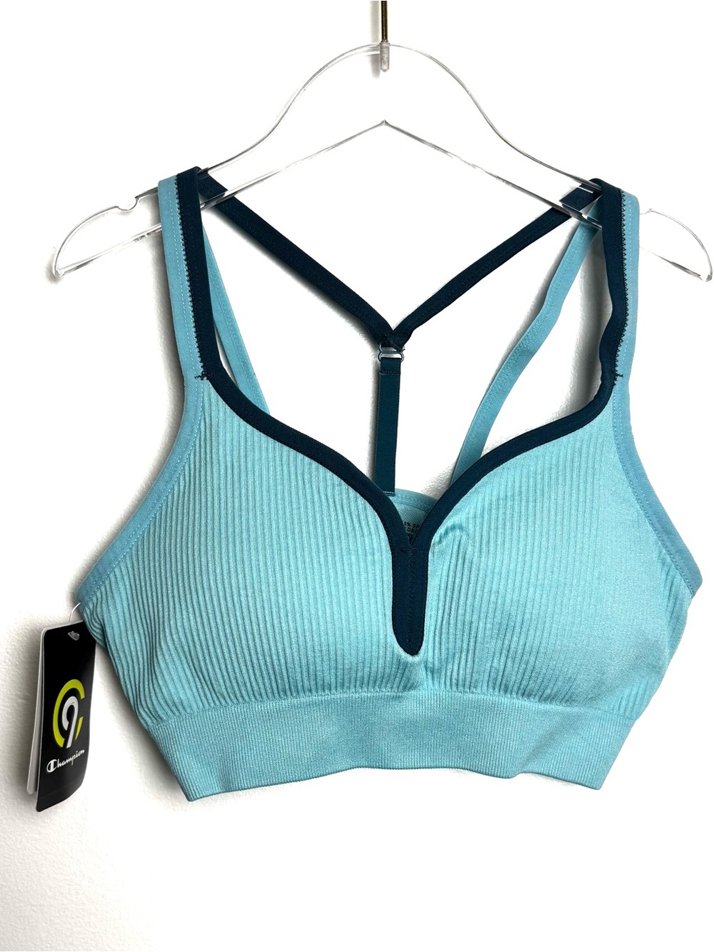 NWT C9 Champion Seamless Sports Bra Aqua Blue XS Strappy Racerback